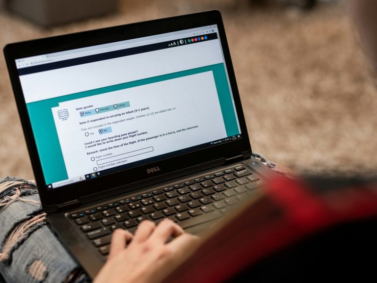 Bild mit Person, die an einem Laptop eine Online-Umfrage bearbeitet